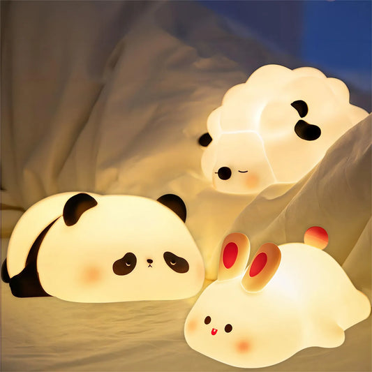LED Night Lights Cute Sheep Panda Rabbit Silicone Lamp USB Rechargeable Timing Bedside Decor Kids Baby